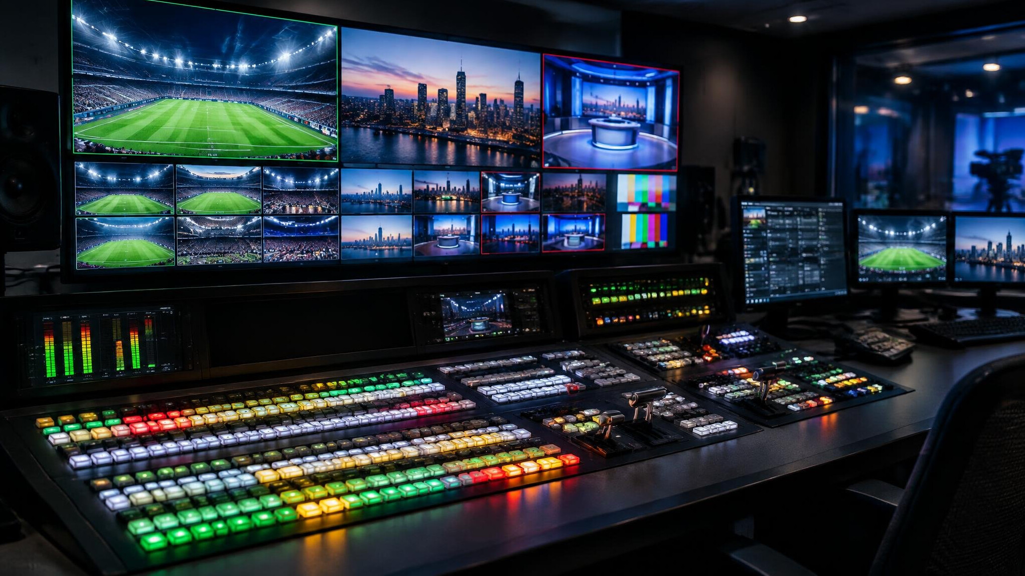 Television production control room with video mixer and many monitors