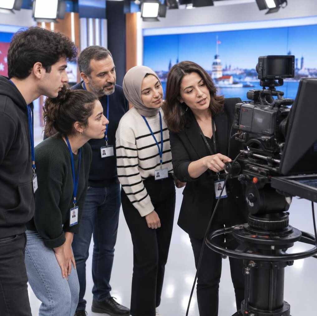 Group of young trainees learning to operate a studio camera with an instructor