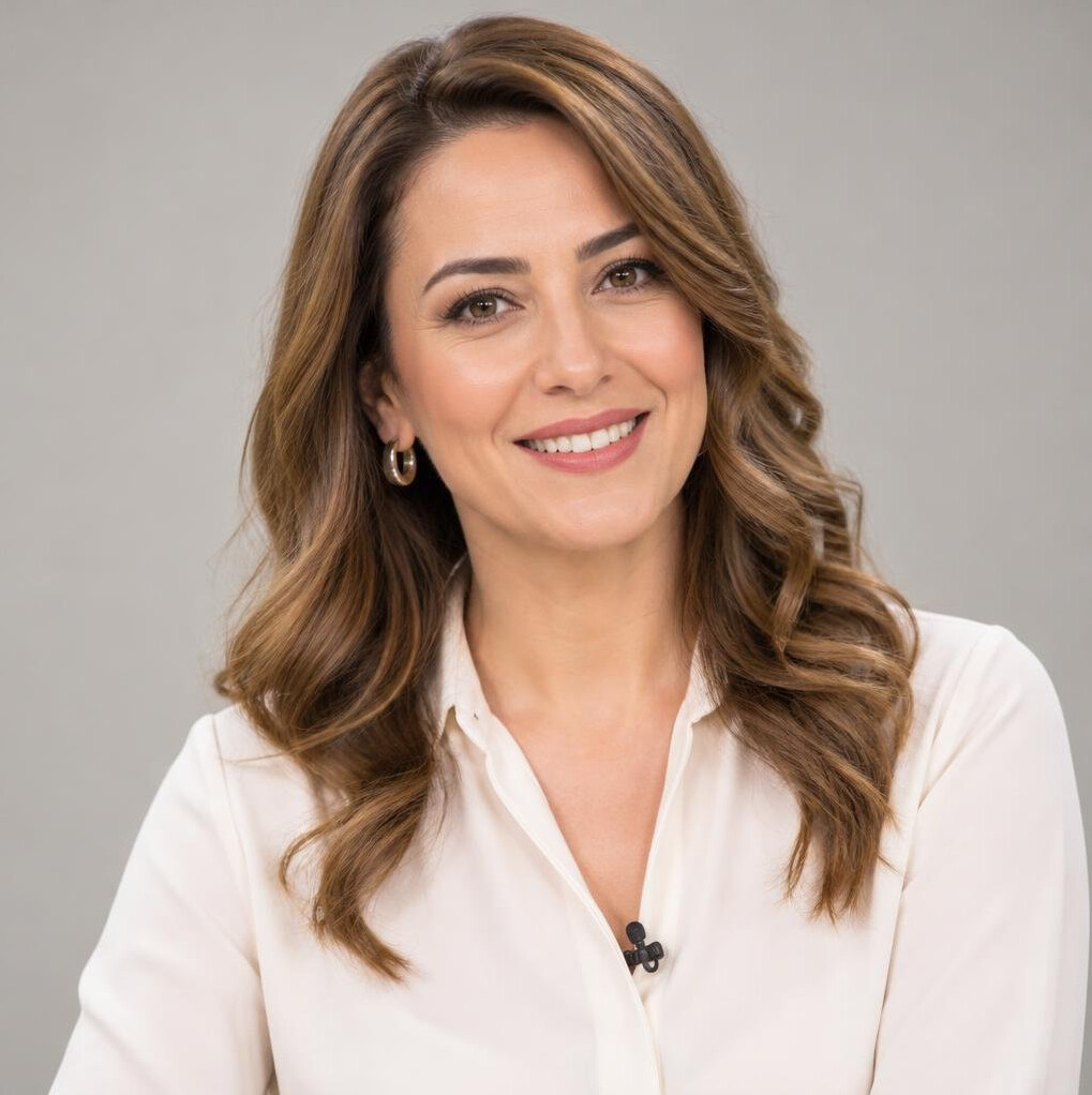 Portrait of a woman presenter and diction coach smiling in a bright studio
