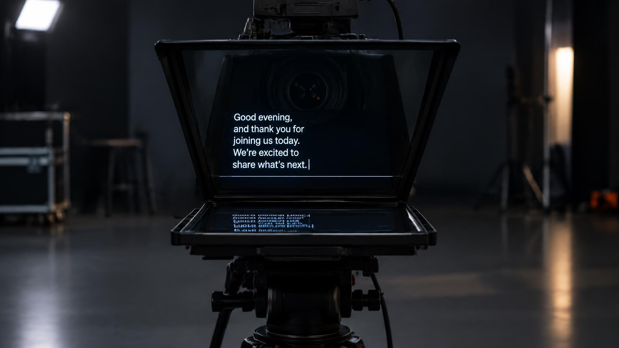 Teleprompter screen with scrolling text mounted on a camera